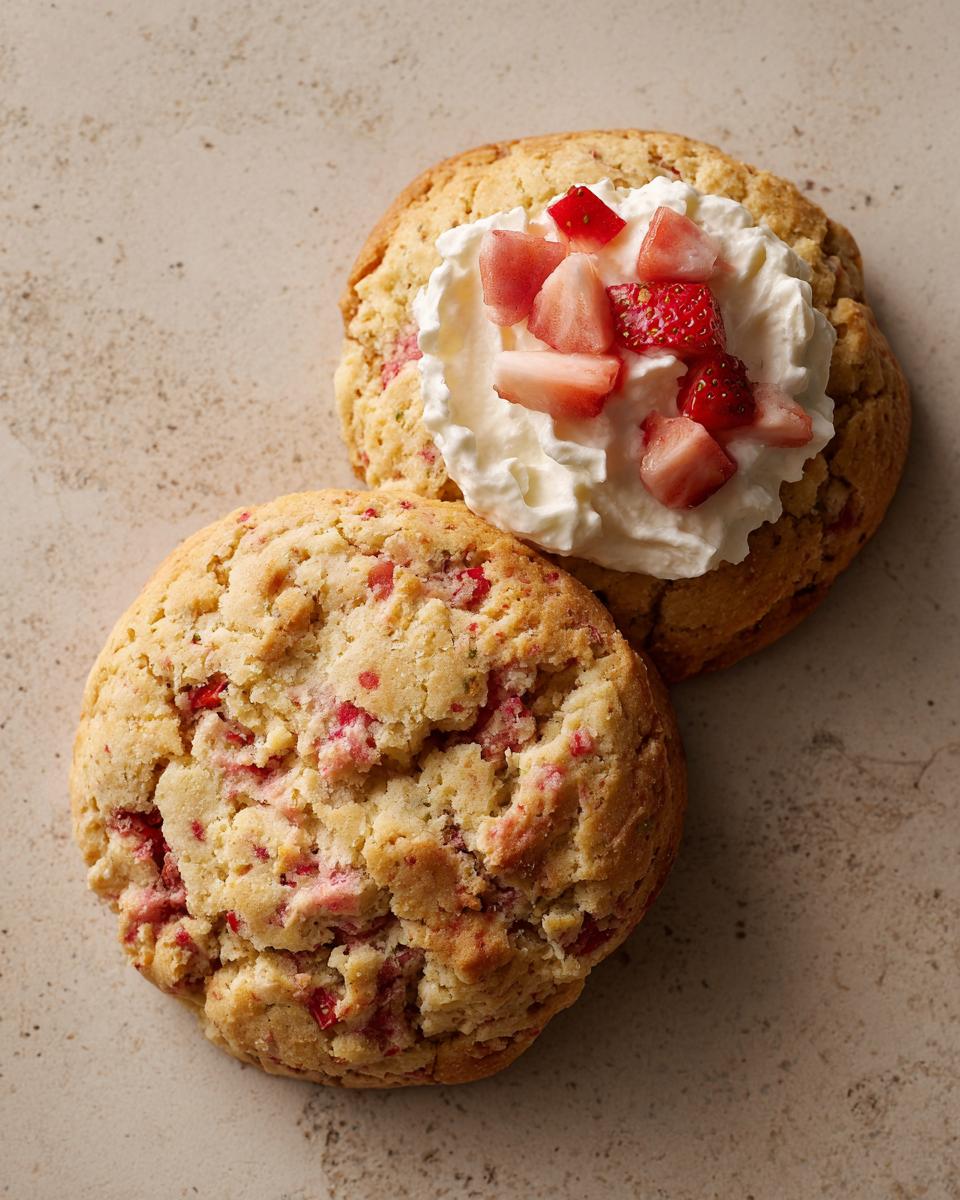 Two Irresistible Strawberry Shortcake Cookies, one topped with whipped cream and fresh strawberries.