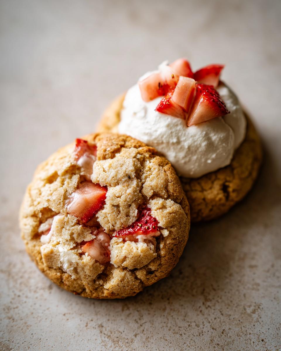 Close-up of two Irresistible Strawberry Shortcake Cookies, one with whipped cream and strawberries, the other with visible strawberry pieces.