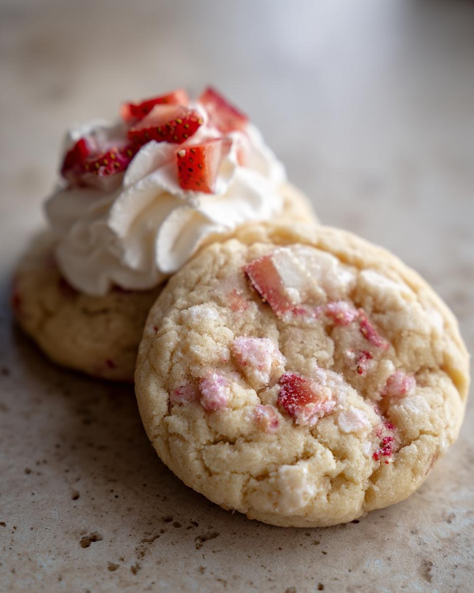 Close-up of two Irresistible Strawberry Shortcake Cookies, one topped with whipped cream and strawberries.
