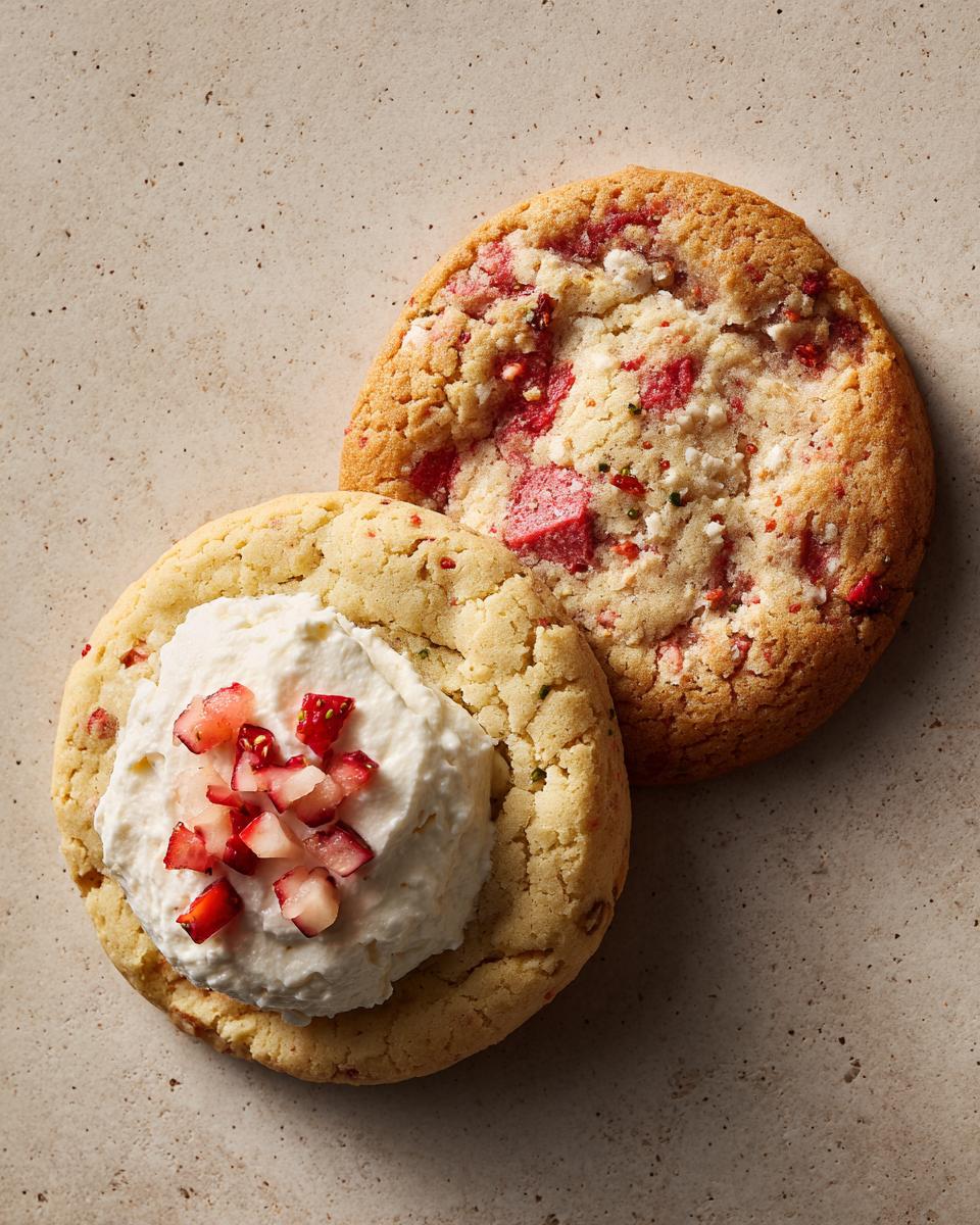 Two Irresistible Strawberry Shortcake Cookies, one topped with whipped cream and diced strawberries.