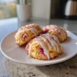 Three Irresistible Strawberry Shortcake Cookies drizzled with white icing on a white plate.