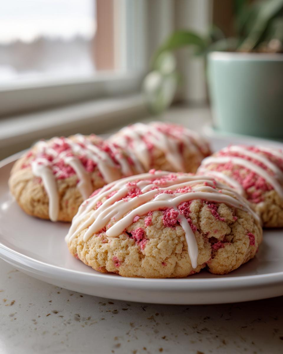 Close-up of Irresistible Strawberry Shortcake Cookies topped with white icing and pink strawberry crumbles.