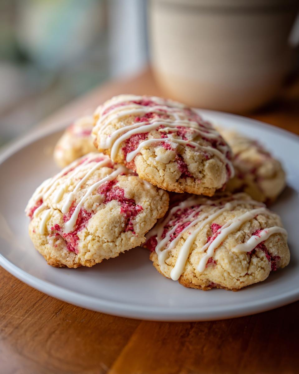 A stack of Irresistible Strawberry Shortcake Cookies drizzled with white icing on a white plate.