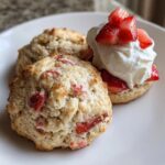 Close-up of Irresistible Strawberry Shortcake Cookies with whipped cream and fresh strawberries.