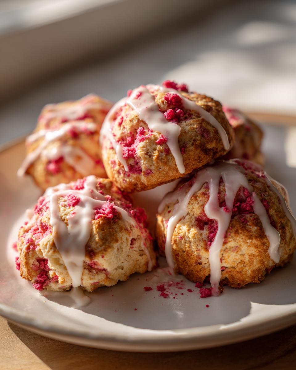 Close-up of Irresistible Strawberry Shortcake Cookies topped with white glaze and pink strawberry crumbles.