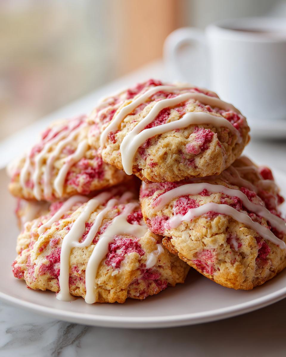 A stack of Irresistible Strawberry Shortcake Cookies drizzled with white icing on a white plate.
