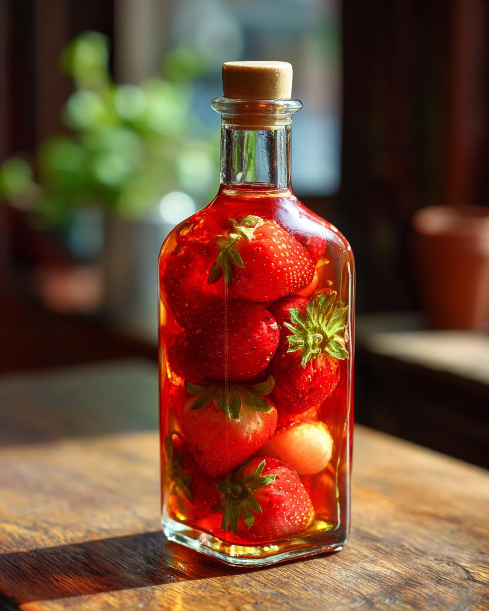 Whole strawberries submerged in liquid inside a glass bottle, showcasing the Irresistible Strawberry Vinaigrette Recipe.