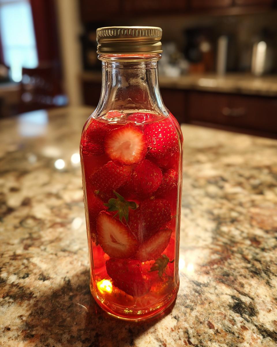 A clear glass bottle filled with fresh strawberries and red liquid, showcasing the Irresistible Strawberry Vinaigrette.