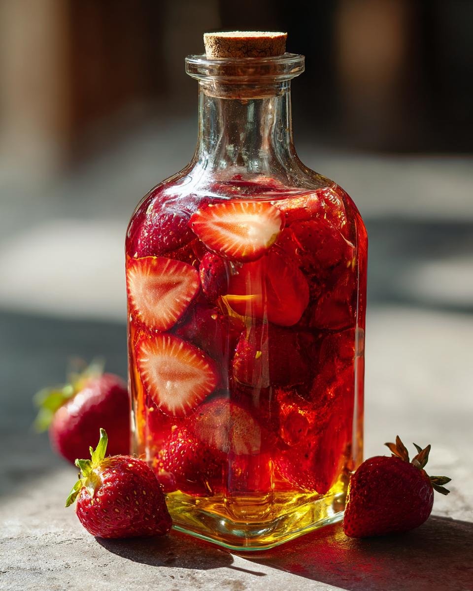 A clear glass bottle filled with Irresistible Strawberry Vinaigrette, with fresh strawberries scattered around.