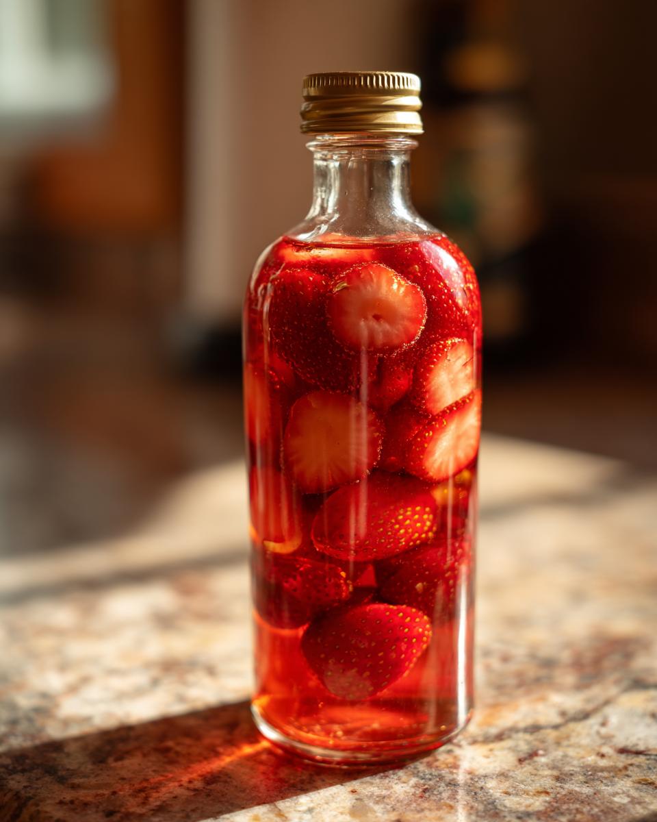 A clear glass bottle filled with vibrant red strawberries and a pinkish liquid, showcasing the Irresistible Strawberry Vinaigrette.