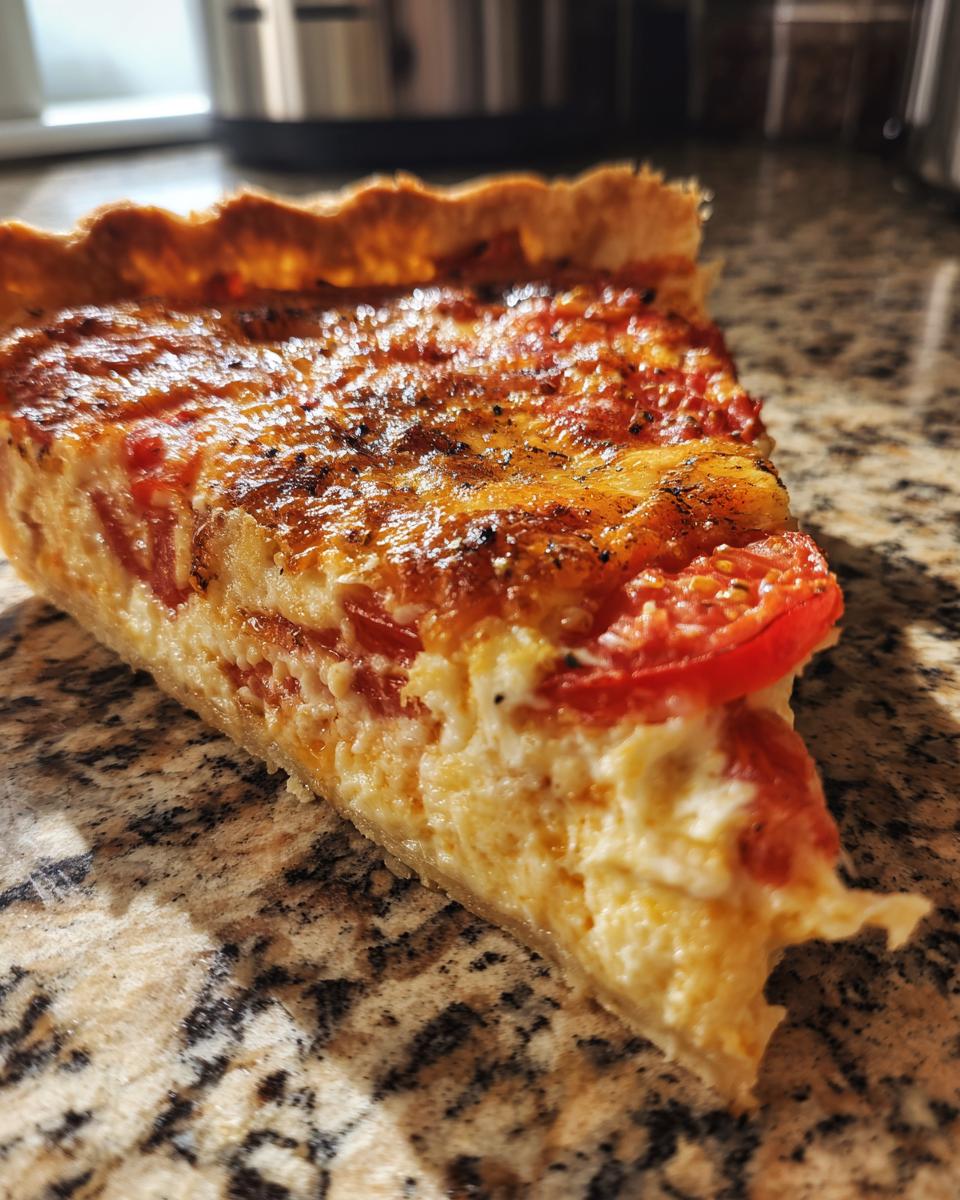 A close-up of a slice of Irresistible Tomato Pie, showcasing the flaky crust, creamy filling, and fresh tomato slices.