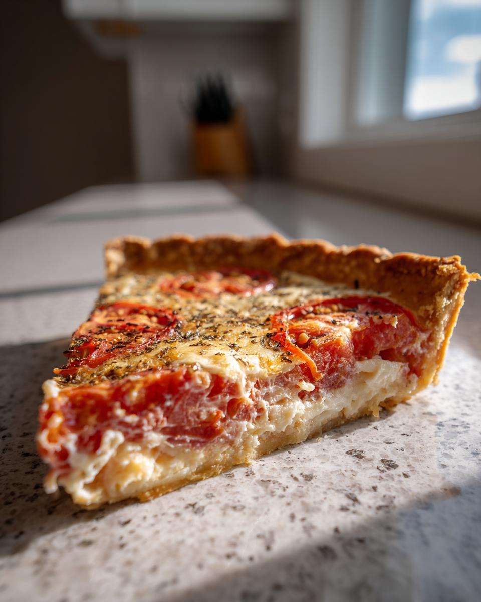 A slice of Irresistible Tomato Pie, showcasing fresh tomatoes, melted cheese, and herbs on a golden crust.