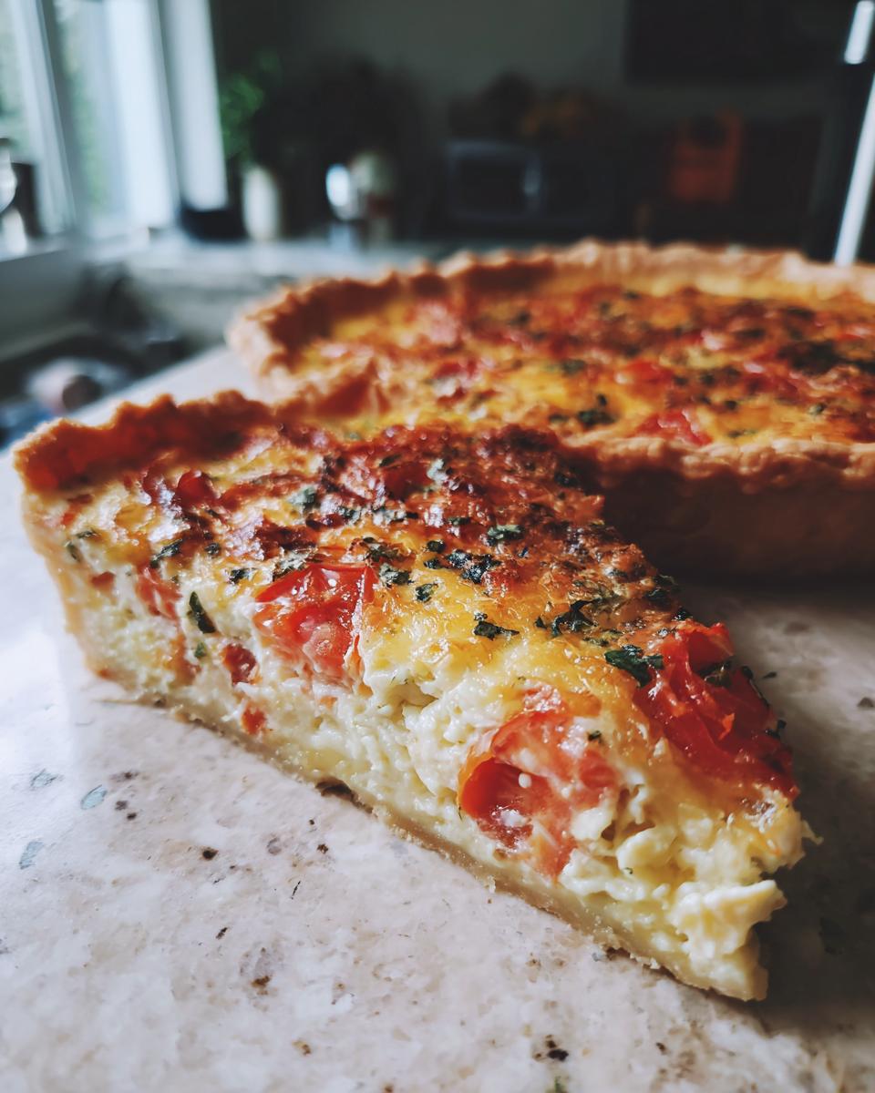 A slice of Irresistible Tomato Pie, showcasing a flaky crust filled with creamy cheese and ripe tomatoes.