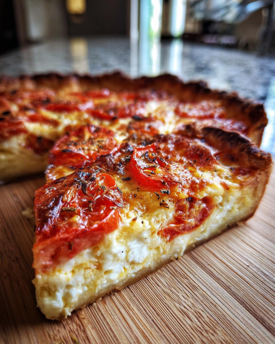 A close-up of a slice of Irresistible Tomato Pie, showcasing the flaky crust, creamy filling, and fresh tomato topping.