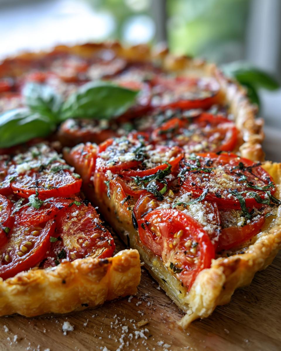 A slice of Irresistible Tomato Tart Recipe, showcasing juicy tomatoes, flaky crust, and fresh basil.