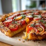Close-up of a slice of Irresistible Tomato Tart, featuring roasted tomatoes, herbs, and cheese on a golden crust.
