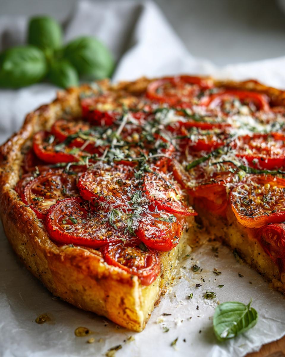 A slice of an Irresistible Tomato Tart, showcasing a golden crust, juicy tomato slices, and fresh herbs.