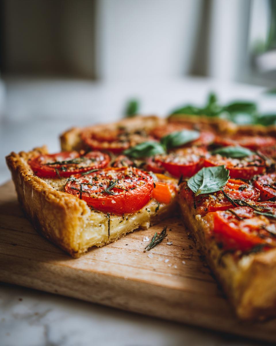 Close-up of a slice of Irresistible Tomato Tart Recipe, featuring fresh tomatoes, herbs, and flaky crust.