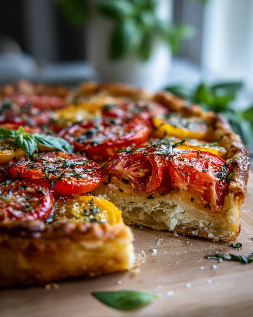 A slice of irresistible tomato tart with flaky pastry, fresh tomatoes, and basil on a wooden board.