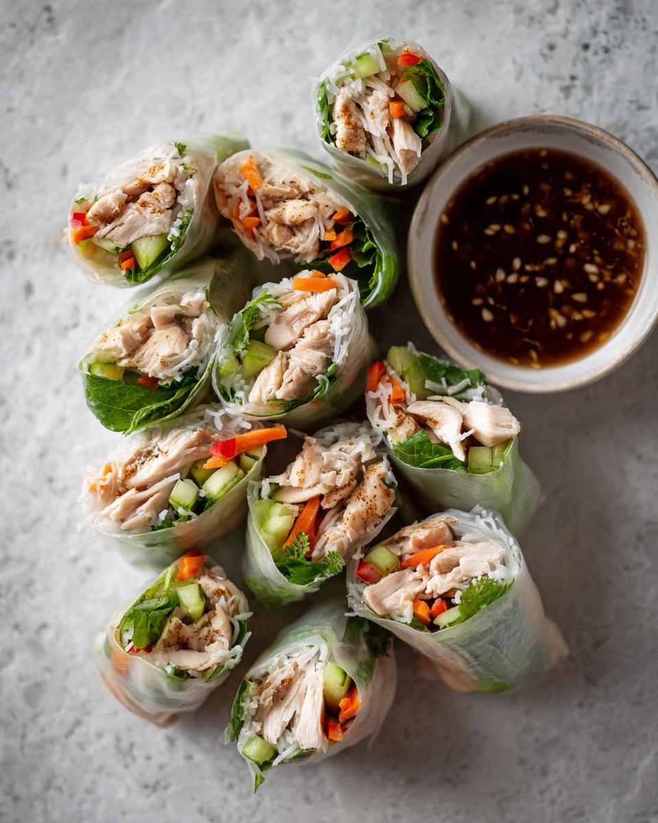 A pile of Irresistible Vietnamese Summer Rolls With Chicken, filled with shredded chicken, rice noodles, cucumber, and carrots, served with dipping sauce.