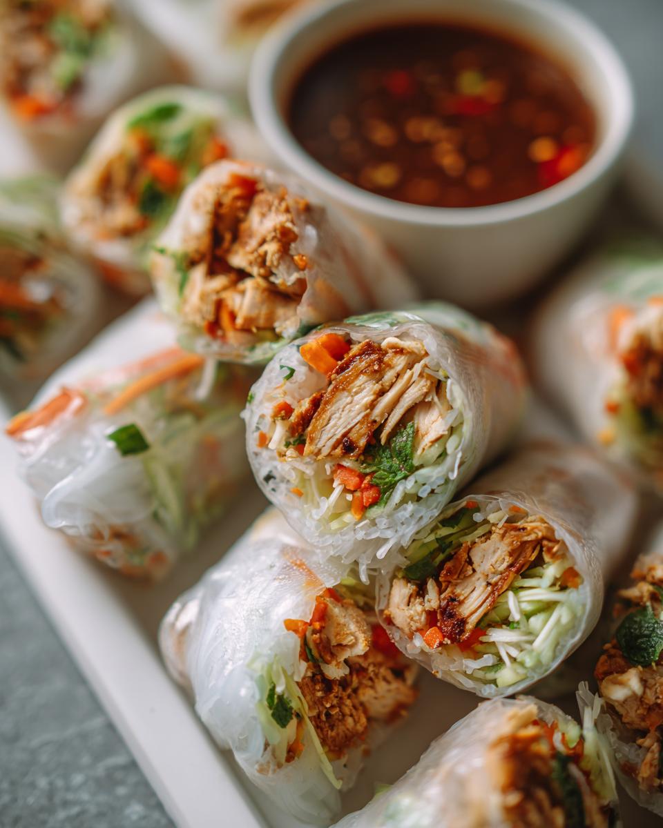 Close-up of Irresistible Vietnamese Summer Rolls With Chicken, filled with shredded chicken, rice noodles, carrots, and herbs, served with dipping sauce.