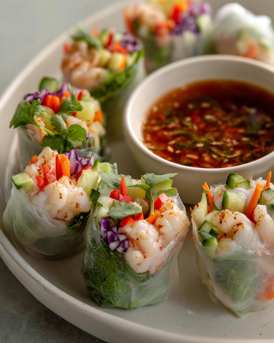 Close-up of Irresistible Vietnamese Summer Rolls filled with shrimp, vegetables, and herbs, served with dipping sauce.
