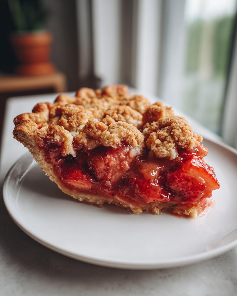 A slice of warm and gooey strawberry crisp on a white plate, showing a golden crust and juicy strawberry filling.