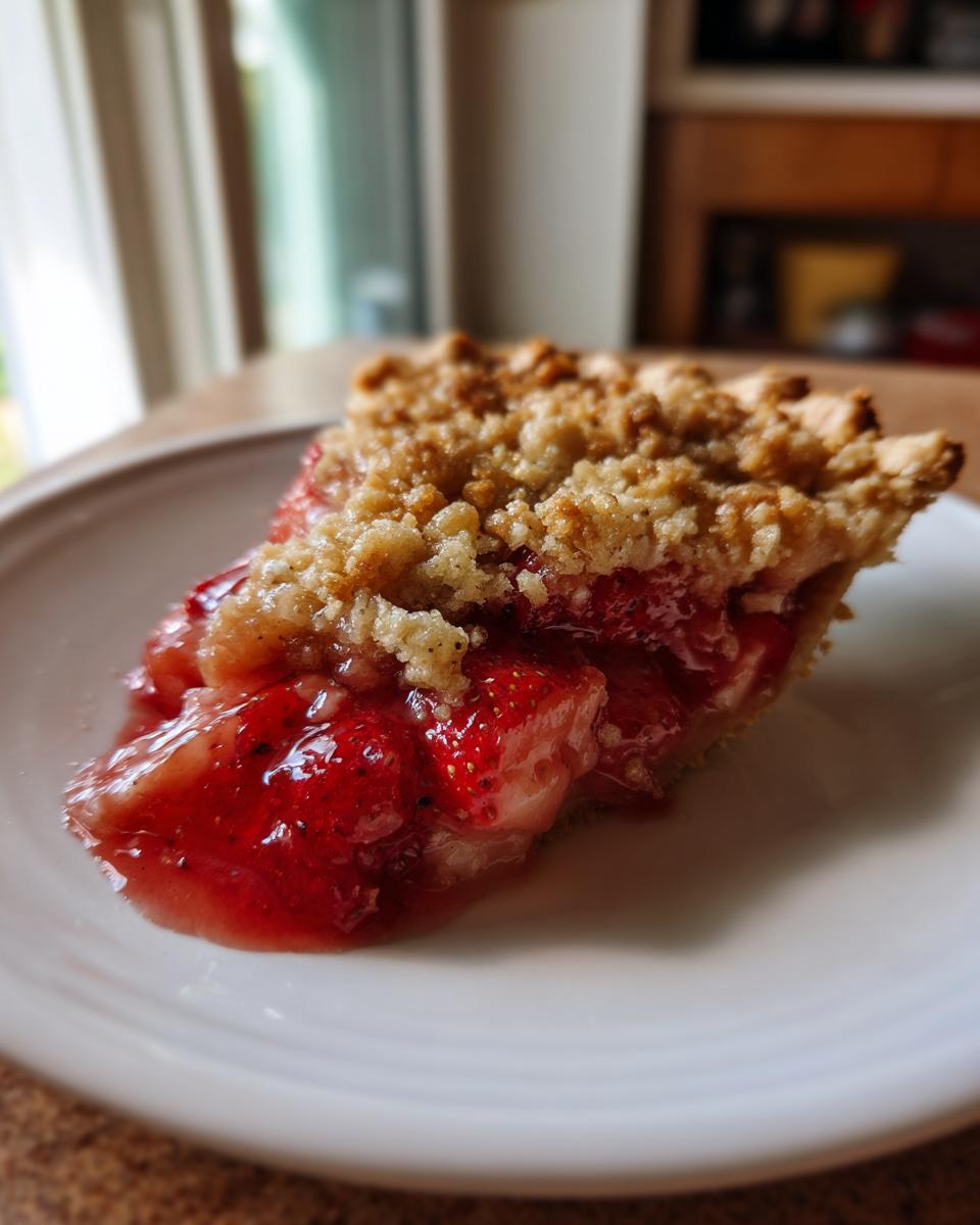 A close-up of a slice of warm and gooey strawberry crisp on a white plate, showing fresh strawberries and a crumb topping.