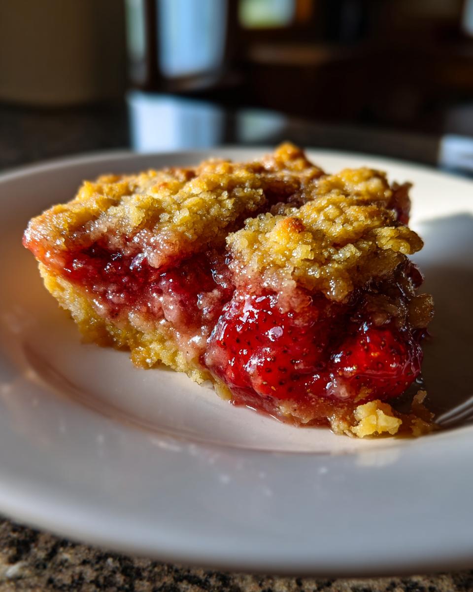 A close-up of a slice of Irresistible Warm and Gooey Strawberry Crisp on a white plate, showing juicy strawberries and a golden crumble topping.