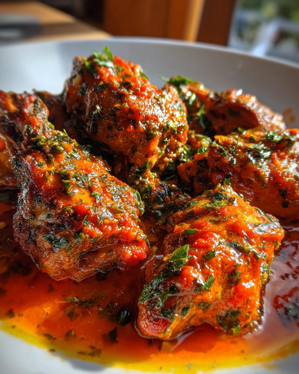 Close-up van heerlijk Italiaans-stijl konijn, bedekt met een rode saus en verse kruiden.