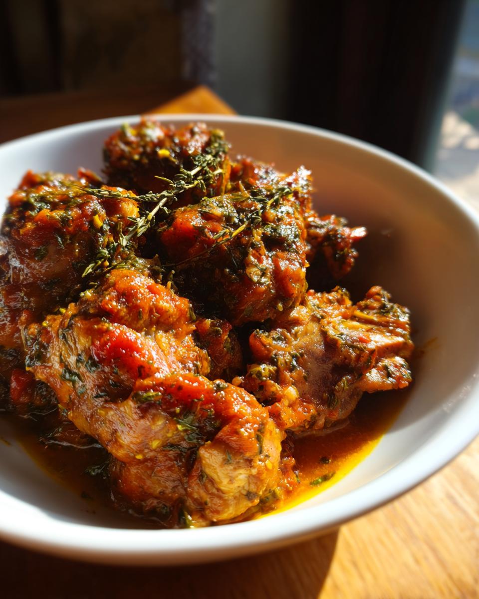 Close-up van heerlijk Italiaans-stijl konijn, gestoofd in een rijke tomatensaus met kruiden.