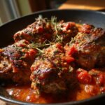 Close-up van mals Italiaans-Stijl Konijn, gestoofd in een rijke tomatensaus met kruiden.