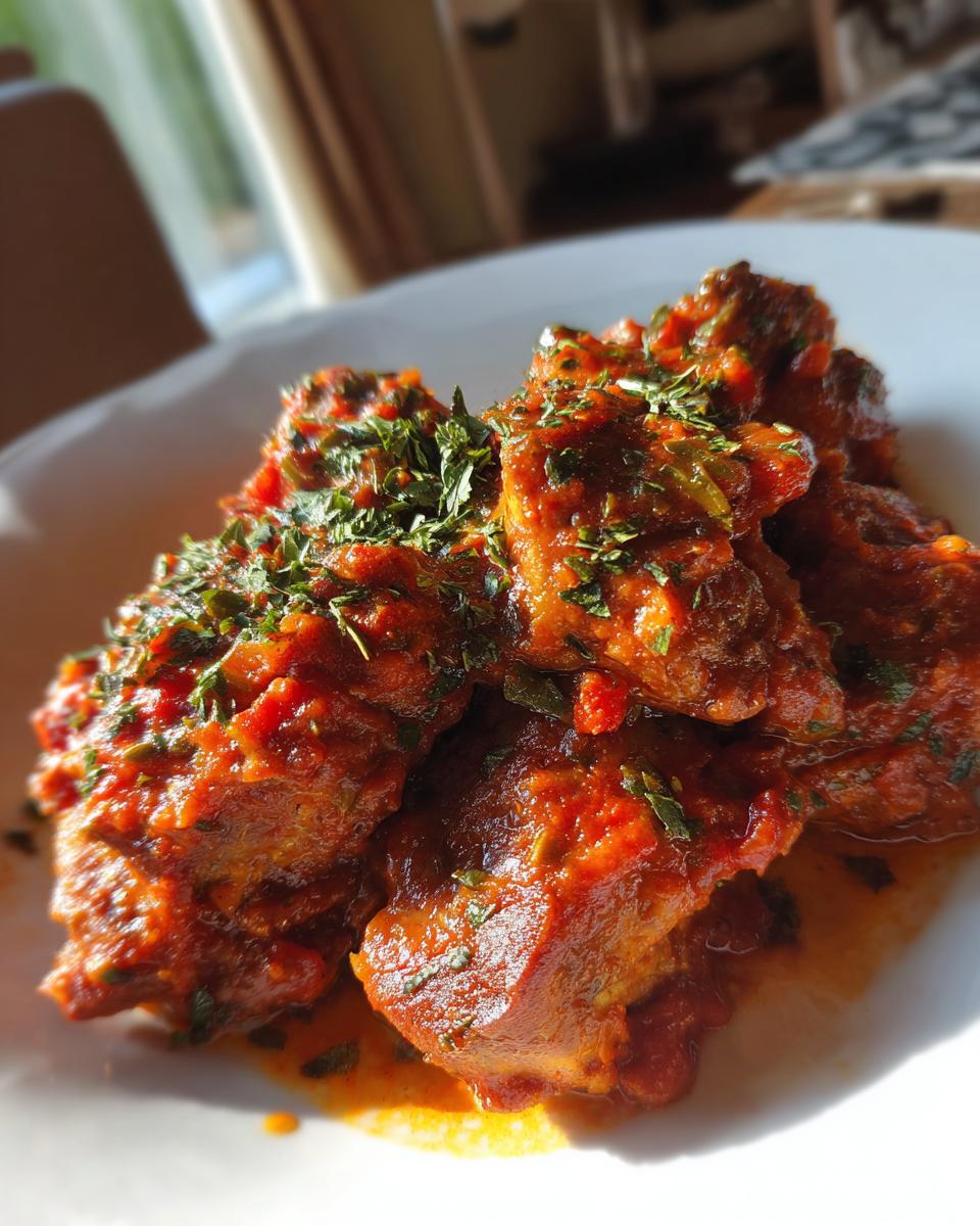 Close-up van heerlijk Italiaans-Stijl Konijn, gestoofd in een rijke tomatensaus en bestrooid met verse kruiden.