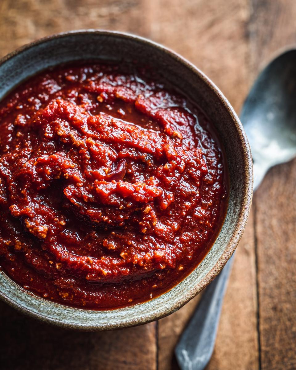 Close-up van een kom met rijke, sudderende Italian Sunday Sauce, met een lepel ernaast.