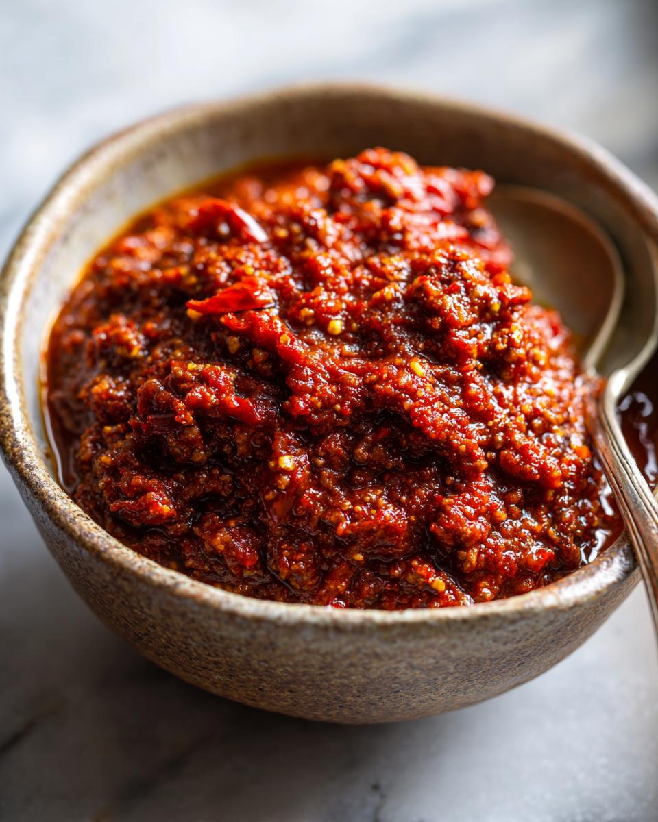 Close-up van een kom gevuld met rijke, rode Italian Sunday Sauce, met een lepel erin.