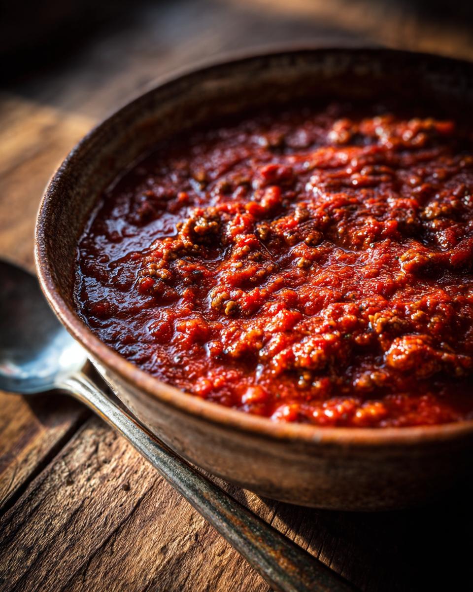 Close-up van een kom met rijke, sudderende Italian Sunday Sauce, met vlees en tomaten.