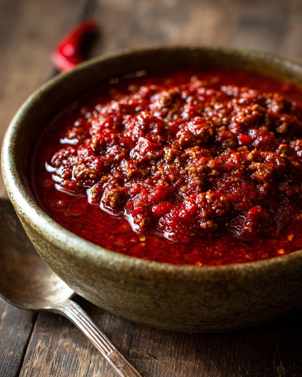 Close-up van een kom met rijke, langzaam gegaarde Italian Sunday Sauce met gehakt.