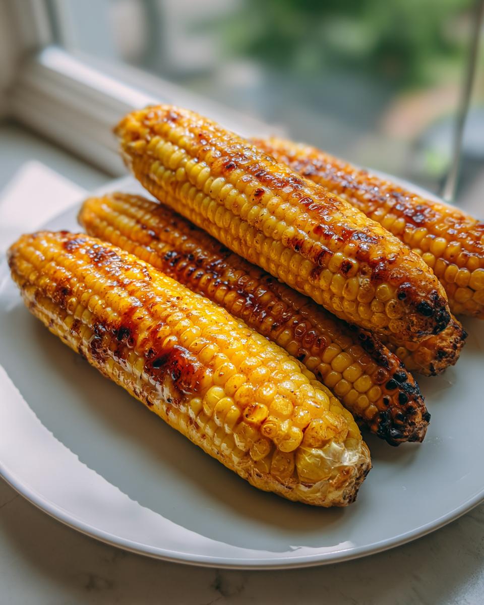 Vier kolven gegrilde Jalapeño Honing Boter Maïs op een wit bord, met bruine grillsporen.