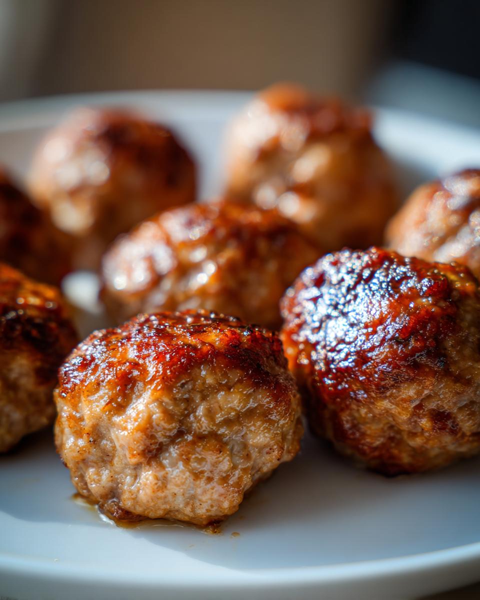 Close-up of several juicy turkey meatballs, perfectly browned and glistening.