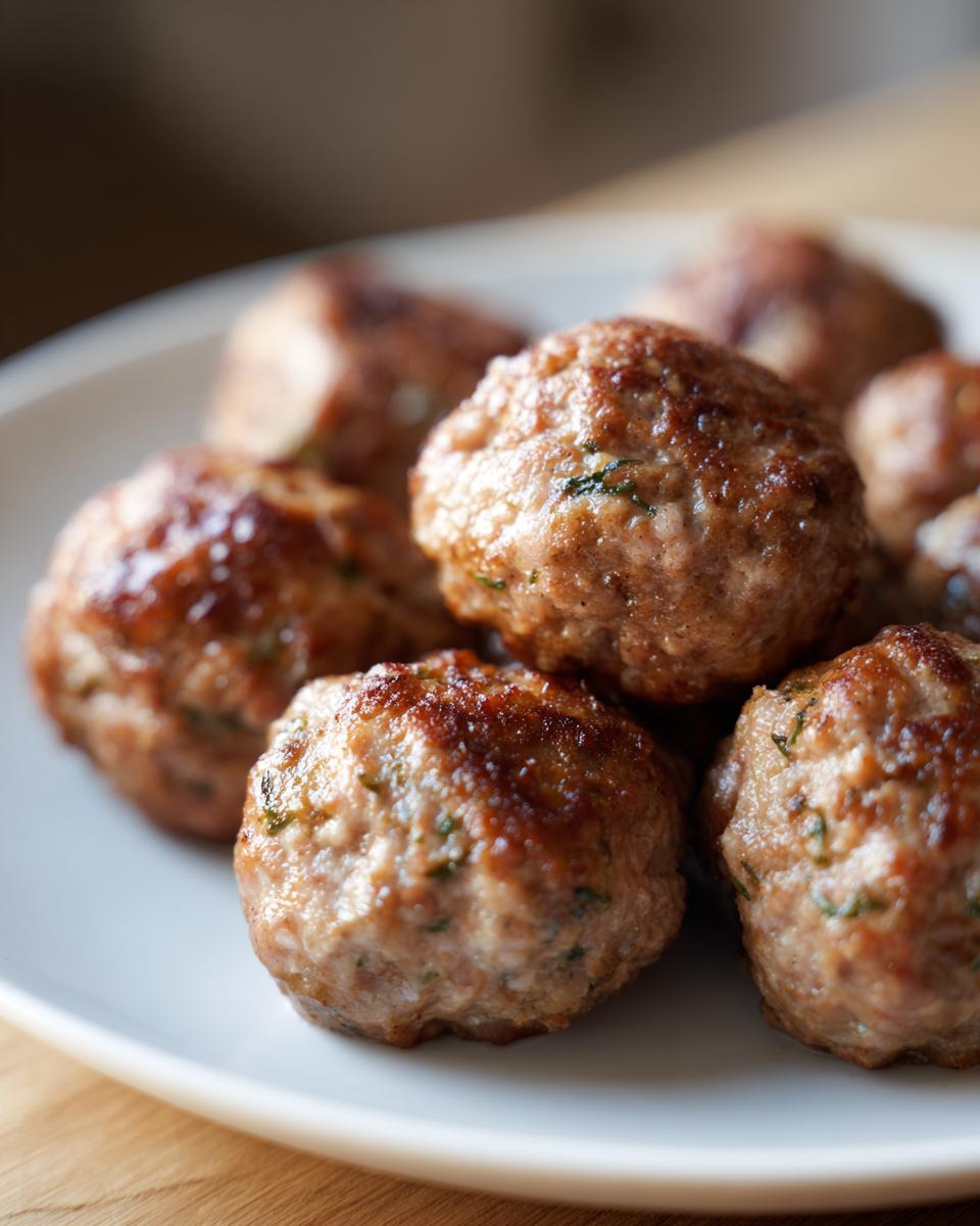 Close-up of a plate piled high with juicy turkey meatballs, seasoned with herbs.