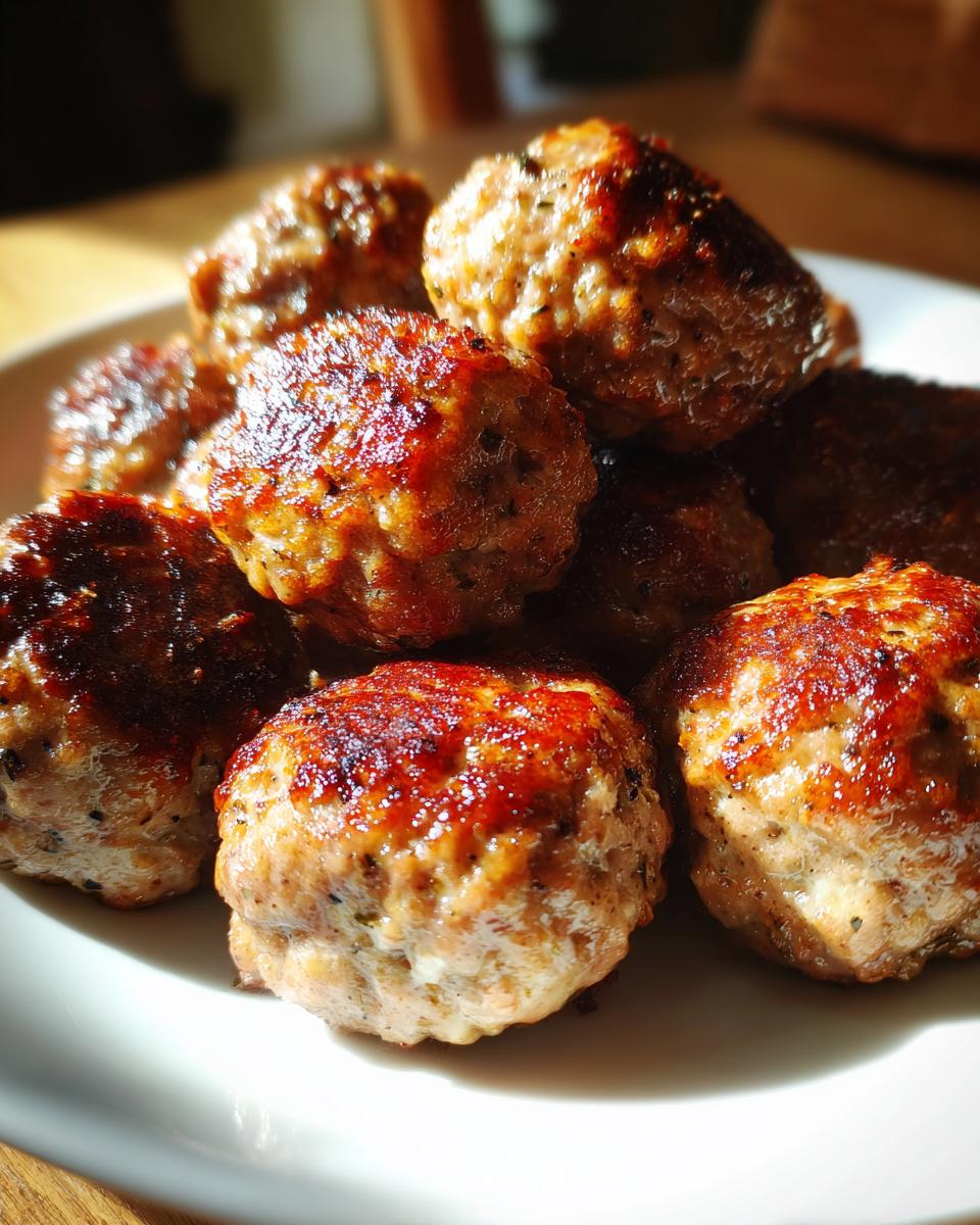 A close-up shot of a pile of perfectly cooked, juicy turkey meatballs, showcasing their browned and flavorful exterior.
