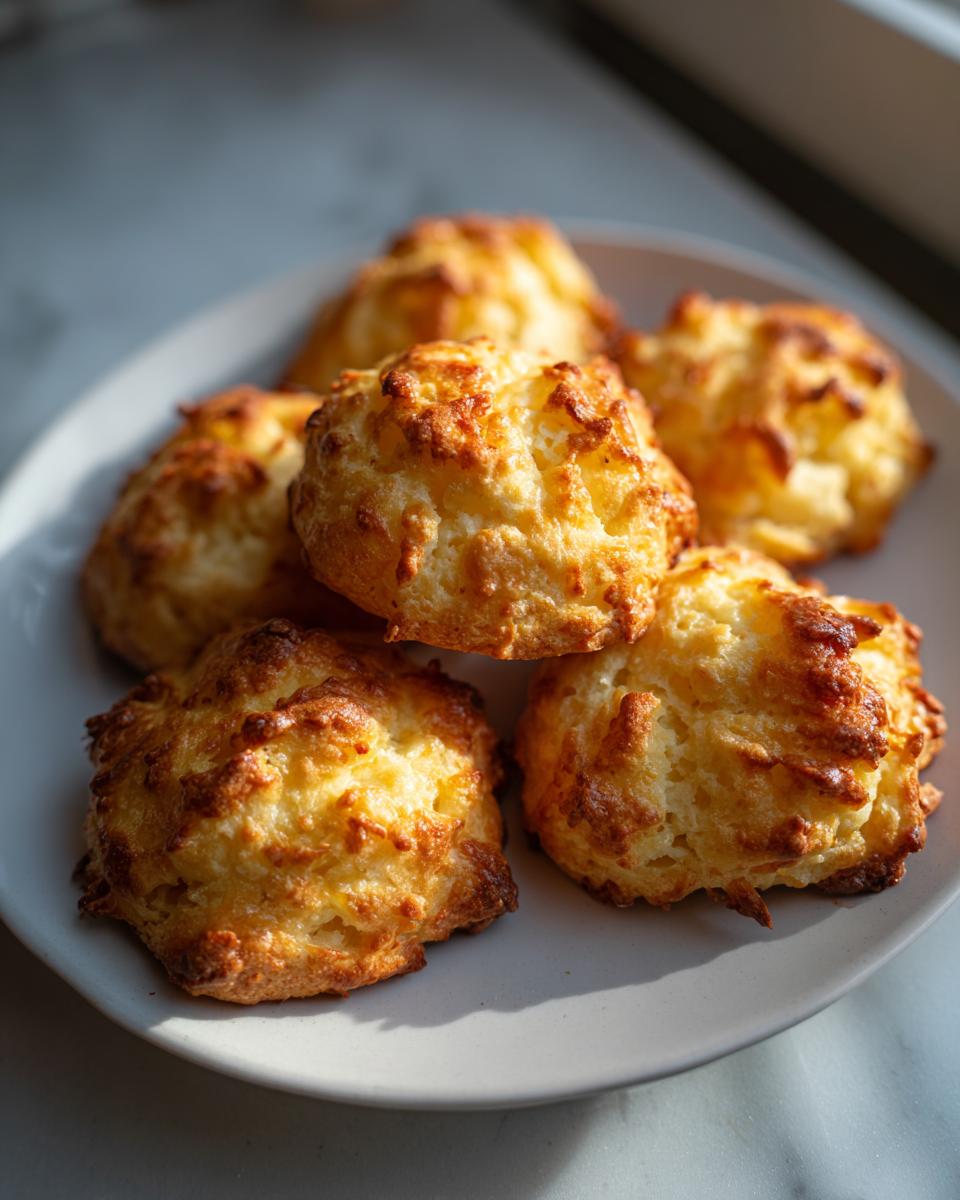 Een stapel van zes goudbruine, luchtige kaas koekjes op een wit bord.