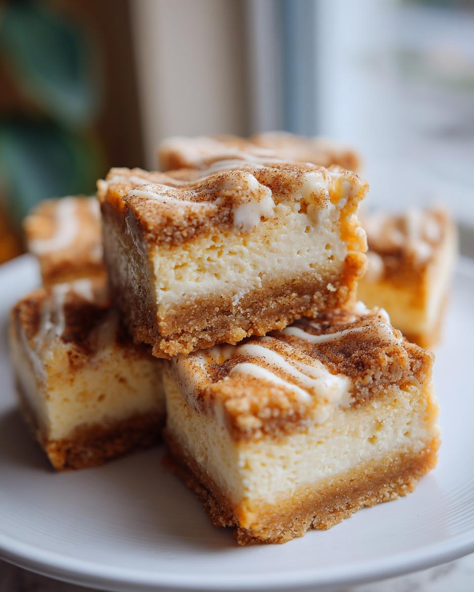 Een stapel Keto Sugar Cookie Cheesecake Bars met een kaneel-kruimellaag en glazuur.