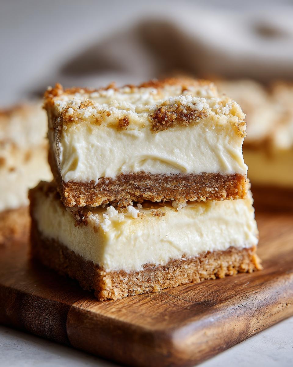 Twee Keto Sugar Cookie Cheesecake Bars gestapeld op een houten plank, met een kruimelige topping.