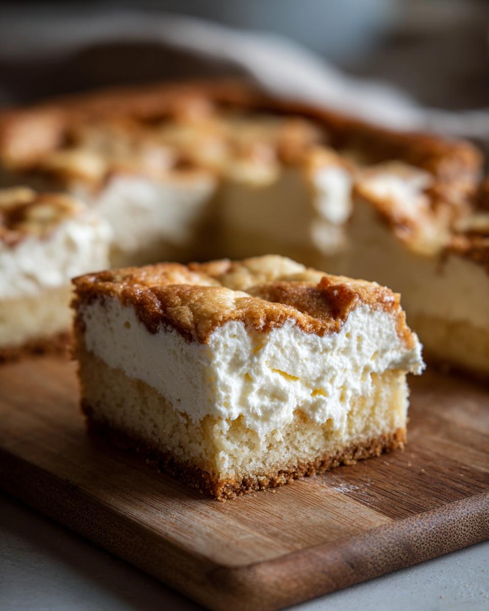 Een close-up van een stuk Keto Sugar Cookie Cheesecake Bars op een houten plank.