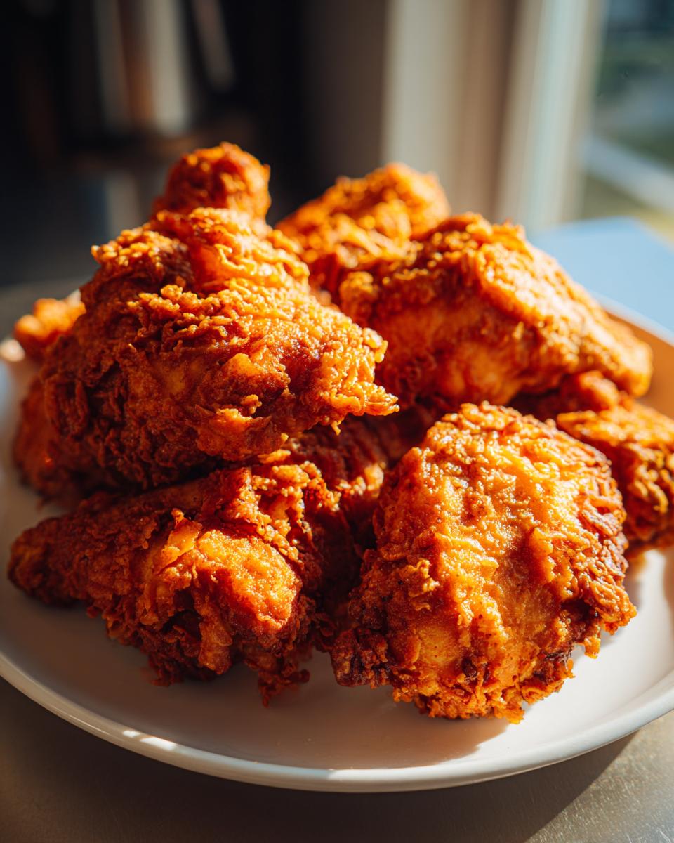 Stapel huisgemaakte, super krokante kip in KFC-stijl met een geheime kruidenmix.