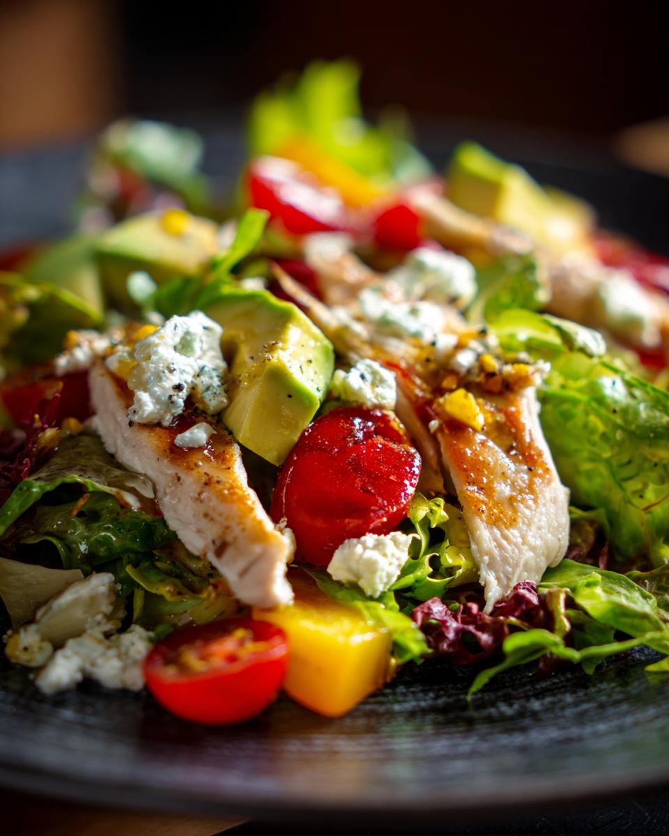 Close-up van een Kip en Avocado Salade met stukjes kip, avocado, cherrytomaatjes en kruimelige kaas.