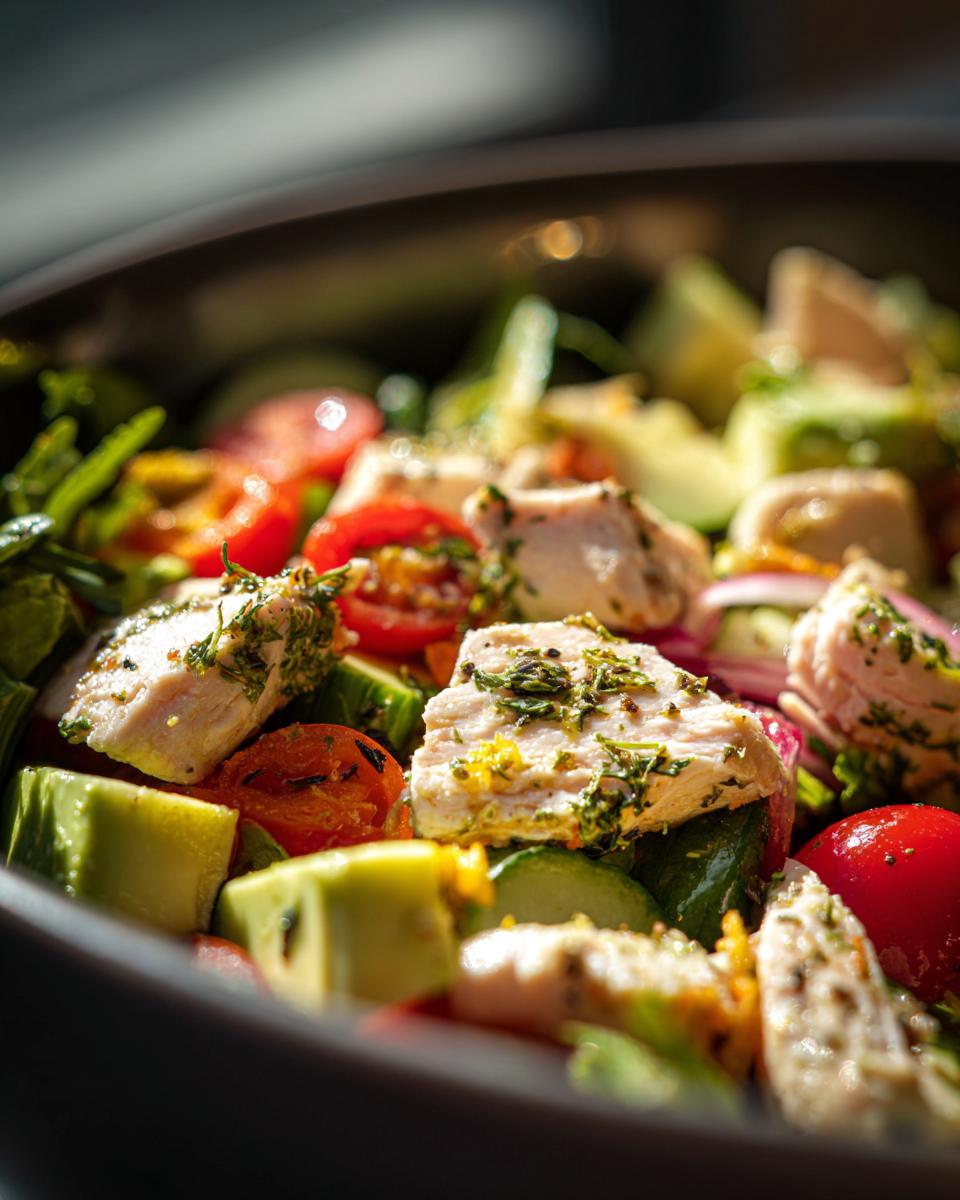 Close-up van een Kip en Avocado Salade met stukjes kip, avocado, tomaat en komkommer.