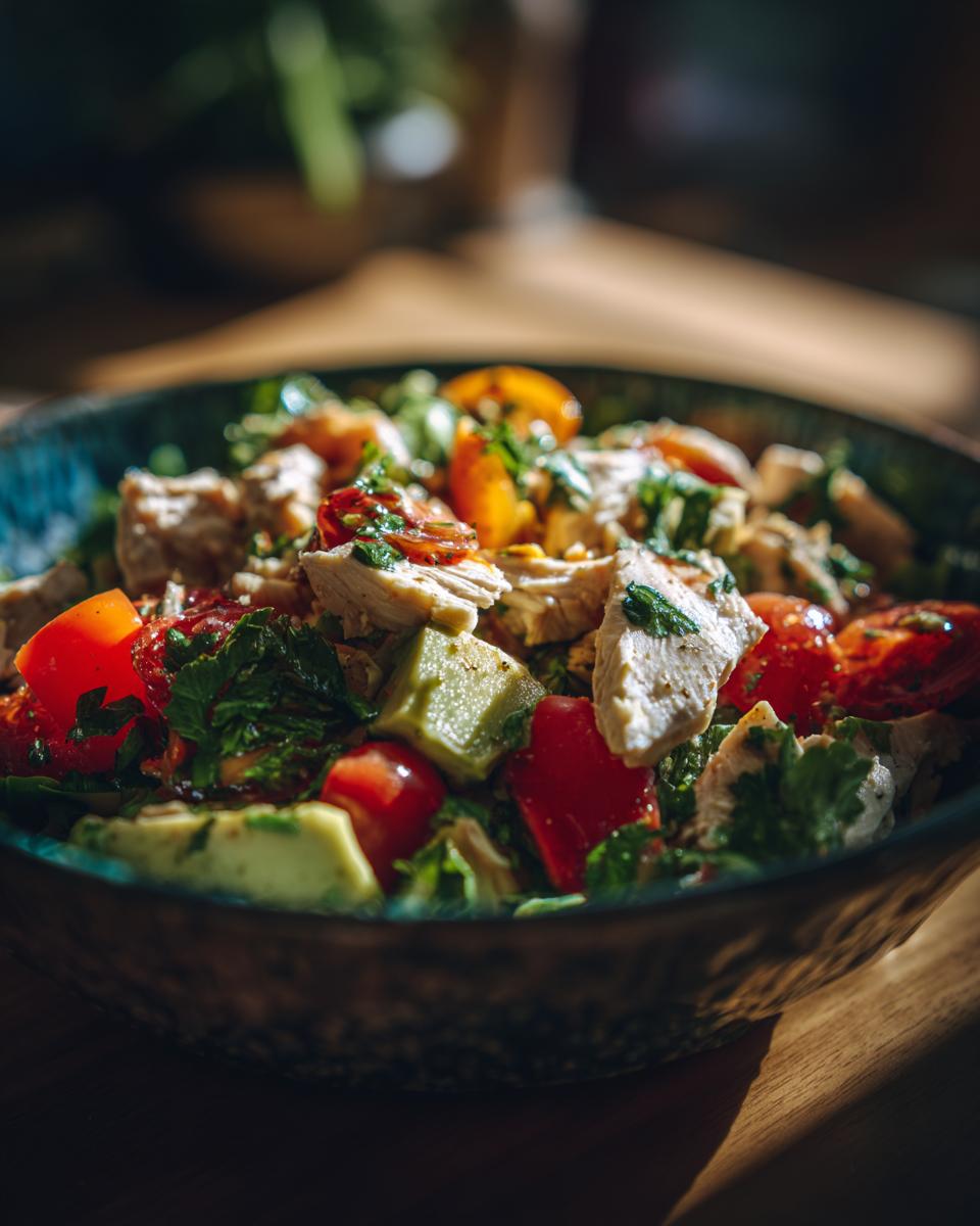 Verse kip en avocado salade met tomaten en kruiden in een kom.