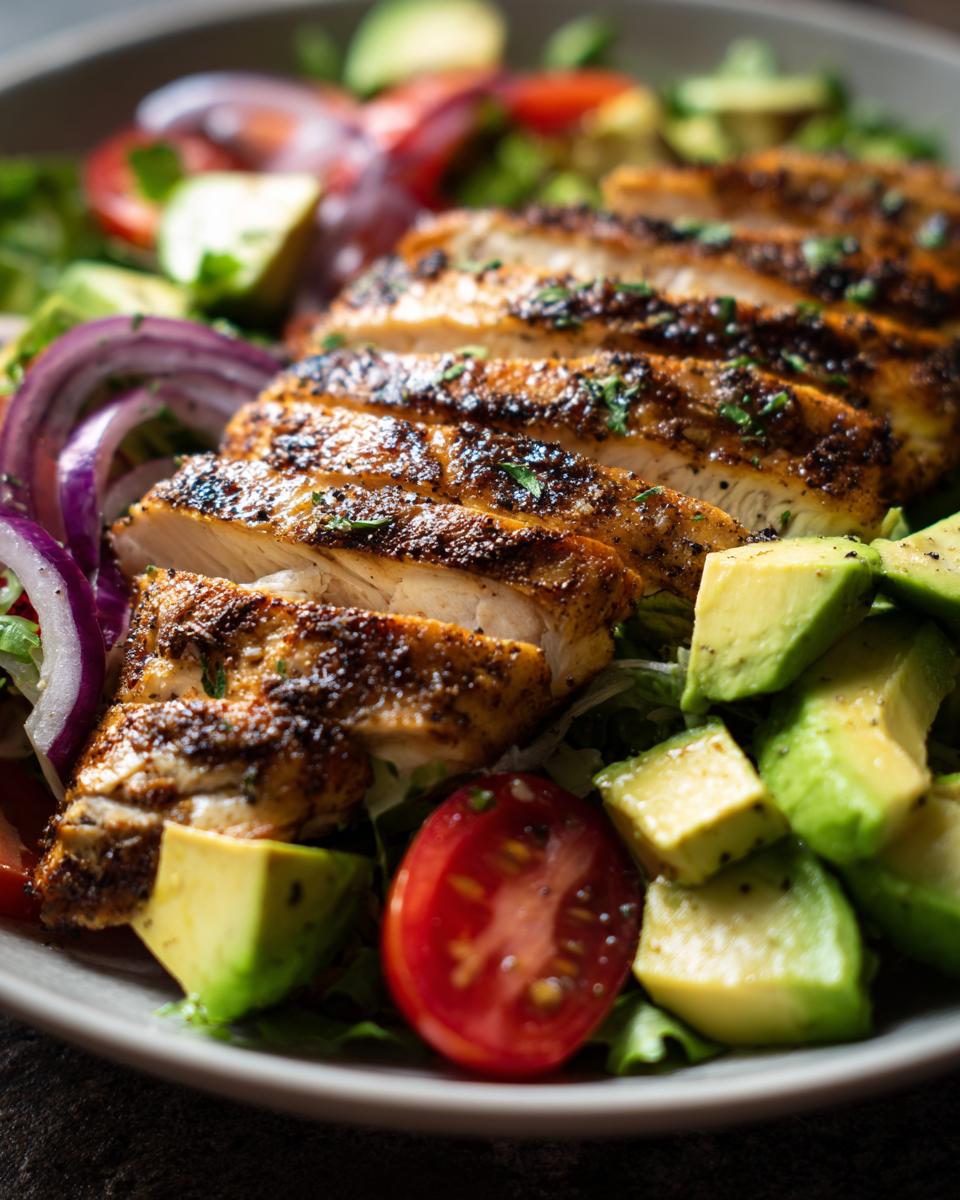 Gegrilde kipfilet in plakjes geserveerd met avocado, tomaat en rode ui in een kip en avocado salade.